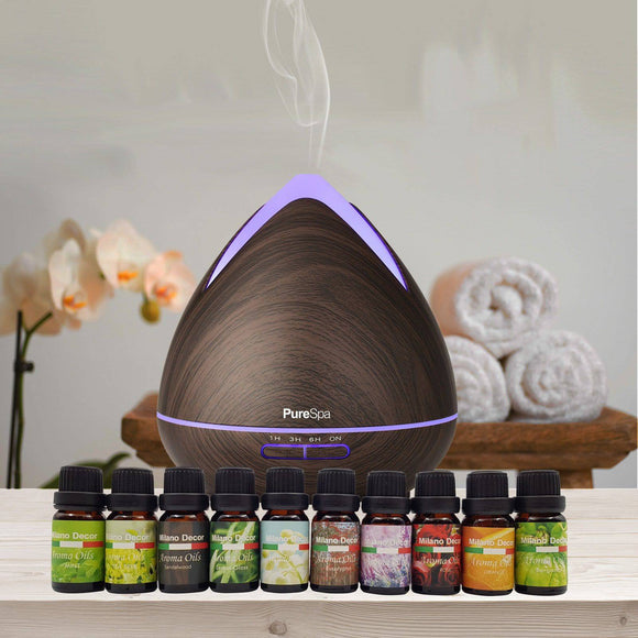 Diffuser Set With 10 Pack Diffuser Oils Humidifier Aromatherapy  Dark Wood-Purespa