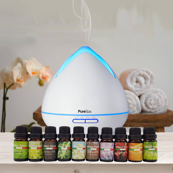 Diffuser Set With 10 Pack Diffuser Oils Humidifier Aromatherapy  White-Purespa