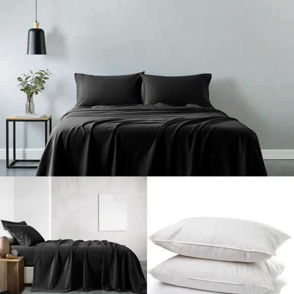 Royal Comfort 100% Cotton Vintage Sheet Set And 2 Duck Feather Down Pillows Set - Double - Charcoal