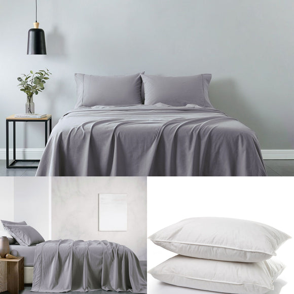 Royal Comfort 100% Cotton Vintage Sheet Set And 2 Duck Feather Down Pillows Set - Double - Grey