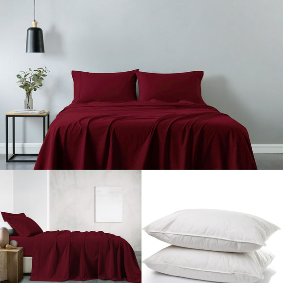Royal Comfort 100% Cotton Vintage Sheet Set And 2 Duck Feather Down Pillows Set - Double - Mulled Wine