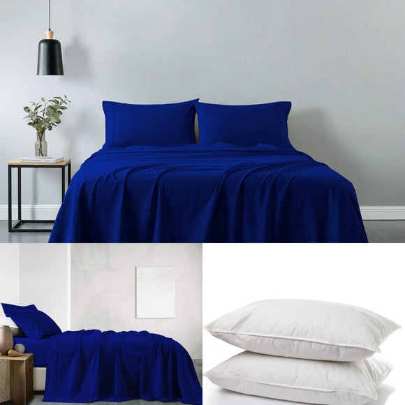 Royal Comfort 100% Cotton Vintage Sheet Set And 2 Duck Feather Down Pillows Set - King - Royal Blue