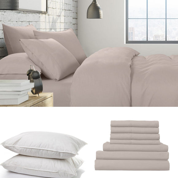 1500 Thread Count 6 Piece Combo And 2 Pack Duck Feather Down Pillows Bedding Set - Queen - Stone