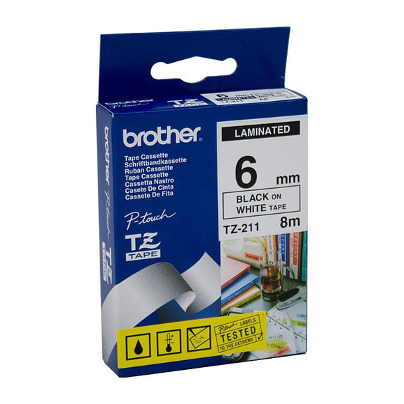BROTHER TZe211 Labelling Tape 6mm Black on White TZE Tape