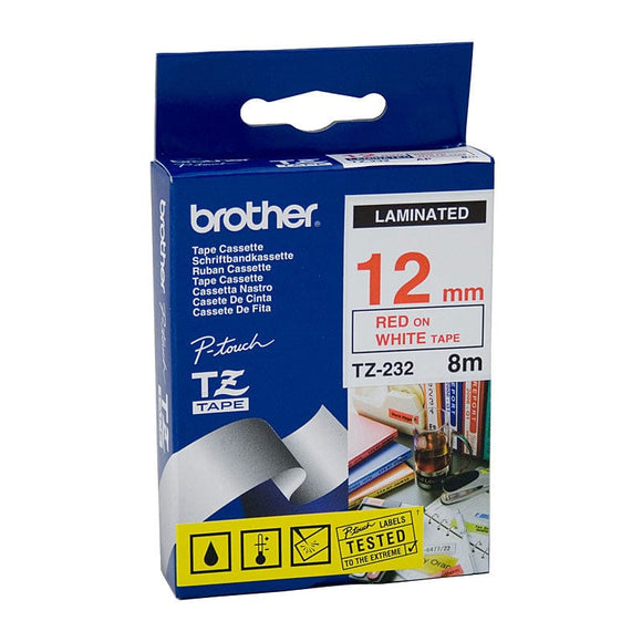 BROTHER TZe232 Labelling Tape 12mm Red on White TZE Tape