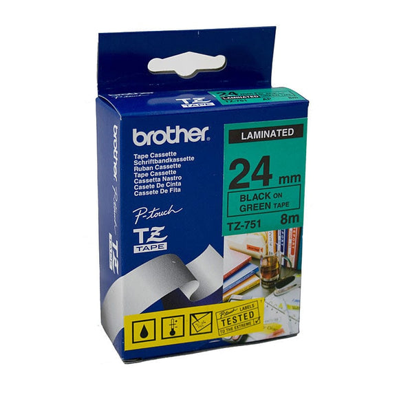 BROTHER TZe751 Labelling Tape 24mm Black on Green TZE Tape