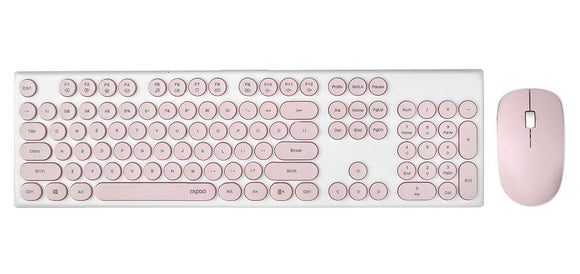 RAPOO Wireless Optical Mouse & Keyboard Black - 2.4G Connection, 10M Range, Spill-Resistant, Retro Style Round Key Cap, 1000DPI - Pink