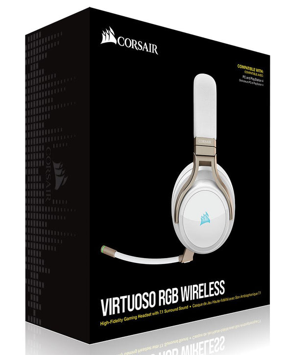 CORSAIR Virtuoso Wireless RGB Pearl 7.1 Headset. High Fidelity Ultra Comfort, supports USB and 3.5mm Gaming Headset