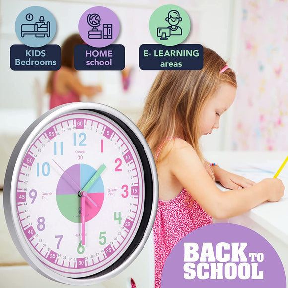 Telling Time Analogue Silent Wall Clock (Pink). Perfect Educational Tool for Homeschool
