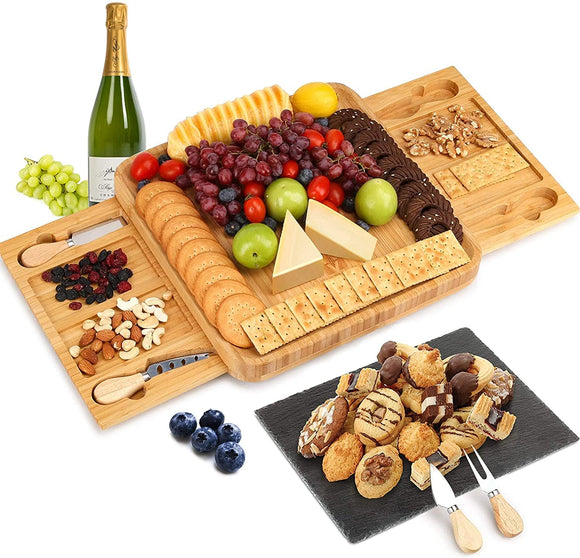 VIKUS Bamboo Cheese Board Set with Knife Set with 4 Stainless Steel Knife & Thick Wooden tray for Wine Crackers, Brie and Meat