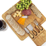 VIKUS Bamboo Cheese Board Set with Cutlery in Slide-Out Drawer Including 4 Stainless Steel Serving Utensils