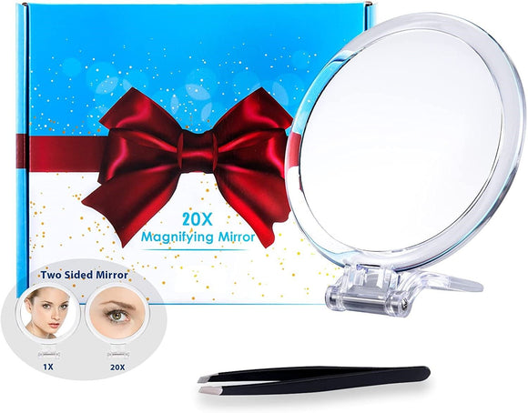20X Magnifying Hand Mirror Two Sided Use for Makeup Application, Tweezing, and Blackhead/Blemish Removal (15 cm)