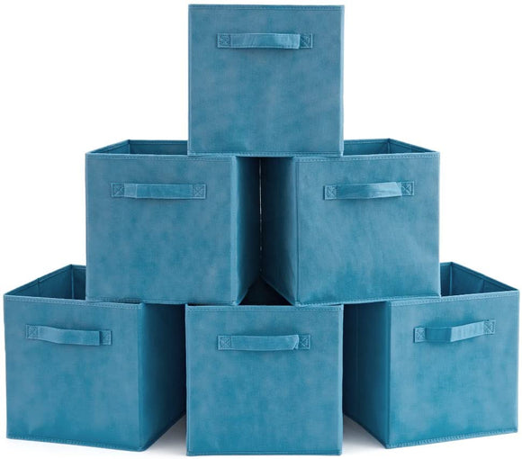 Pack of 6 Foldable Fabric Basket Bin,  Collapsible Storage Cube for Nursery, Office, Home Decor, Shelf Cabinet, Cube Organizers (Niagra Blue)