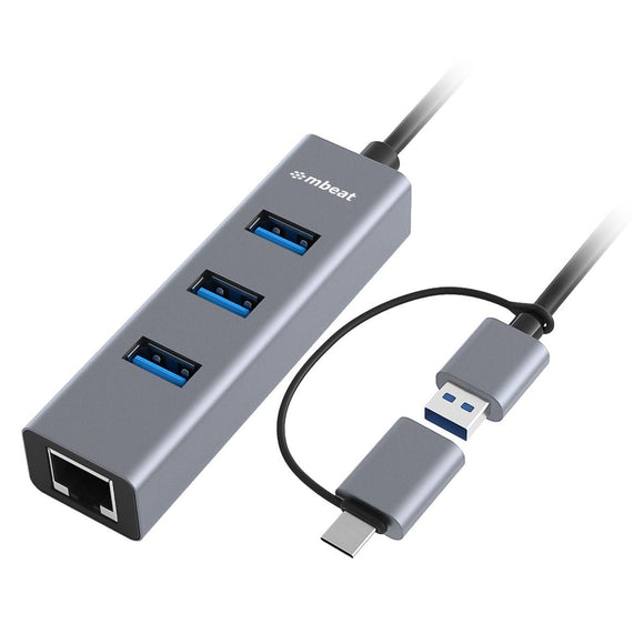 mbeat 3-Port USB 3.0 Hub & Gigabit LAN with 2-in-1 USB 3.0 & USB-C Converter - Space Grey