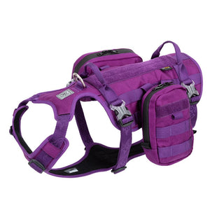 Purple dog harness with multiple straps and pouches on a white background