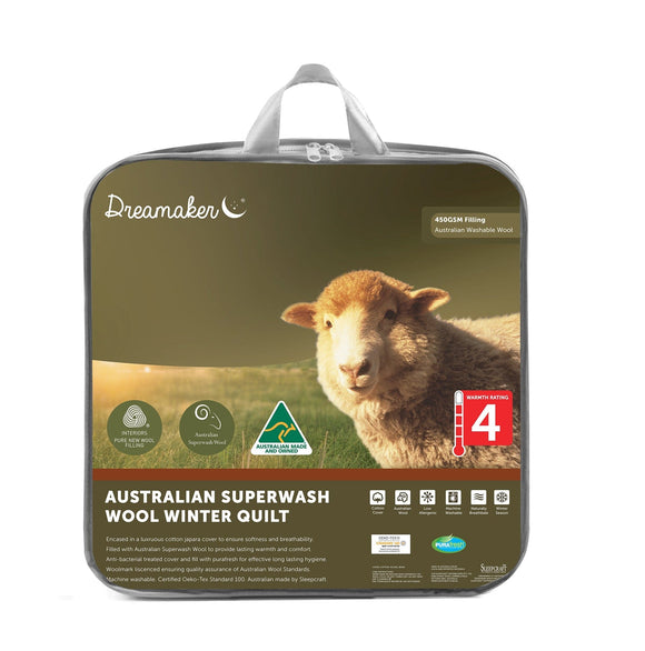Dreamaker Australian Superwash Wool Winter Weight Quilt 450Gsm Queen Bed