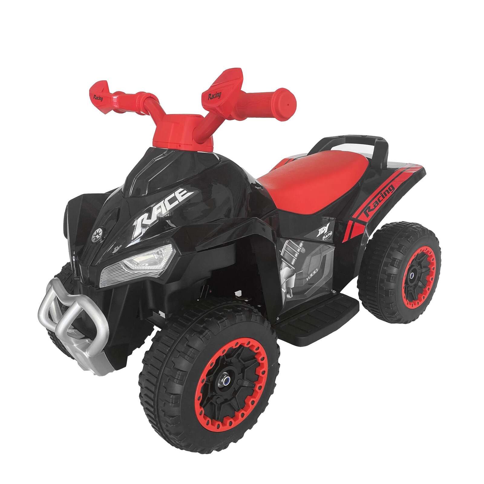 A black and red Quad Ride-on toy vehicle for children with visible wheels, seat, and steering wheel.