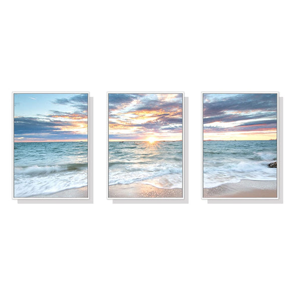 60cmx90cm Sunrise by the ocean 3 Sets White Frame Canvas Wall Art