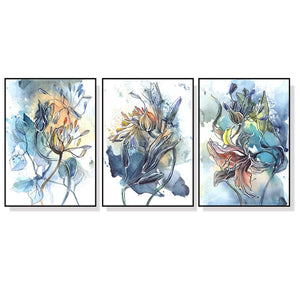 60cmx90cm Watercolor Style Abstract Flower 3 Sets Black Frame Canvas Wall Art
