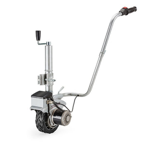 A motorized jockey wheel with a silver body, black tire, and a control handle with a red and black grip.