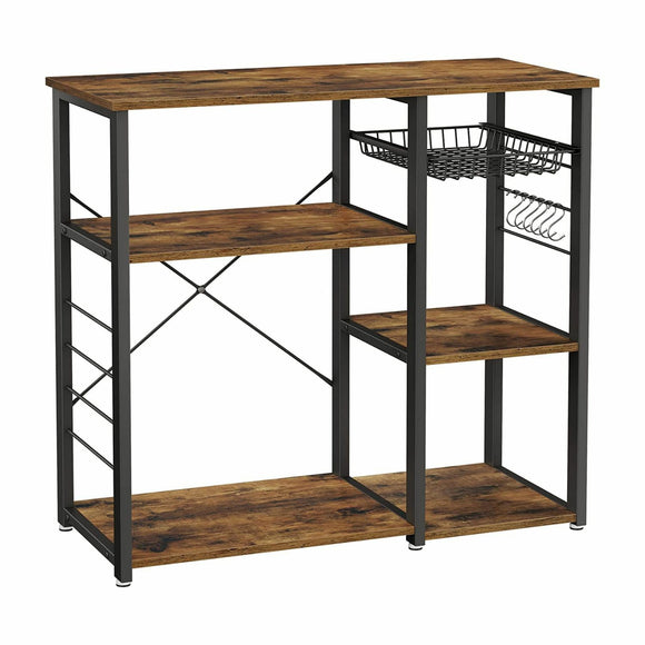 VASAGLE Baker's Rack Kitchen Shelf with Steel Frame Wire Basket and 6 Hooks Rustic Brown and Black KKS90X