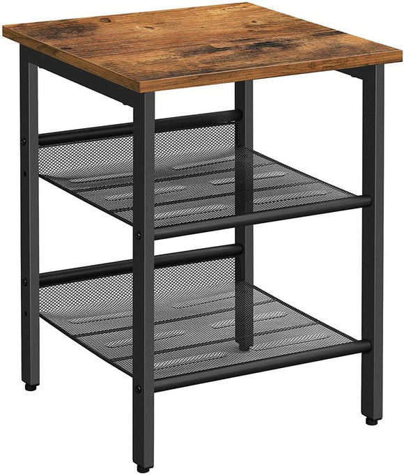 VASAGLE Side Table Nightstand End Table with 2 Adjustable Mesh Shelves Rustic Brown and Black LET23X
