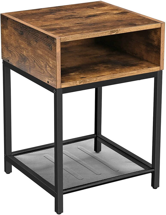 VASAGLE Nightstand Side Table End Table with Open Compartment and Mesh Shelf for Living Room Bedroom Easy Assembly Space Saving Industrial Rustic Brown and Black LET46X