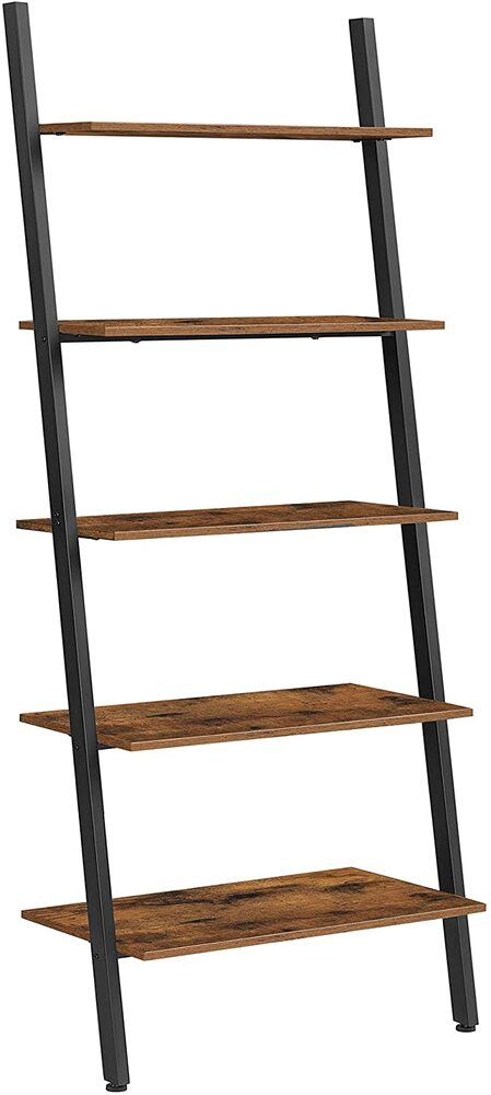 VASAGLE Industrial Ladder Shelf 5-Tier Bookshelf Rack Wall Shelf for Living Room Kitchen Office Stable Steel Leaning Against the Wall Rustic Brown and Black LLS46BX