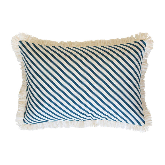 Cushion Cover-Coastal Fringe Natural-Side Stripe Teal-35cm x 50cm