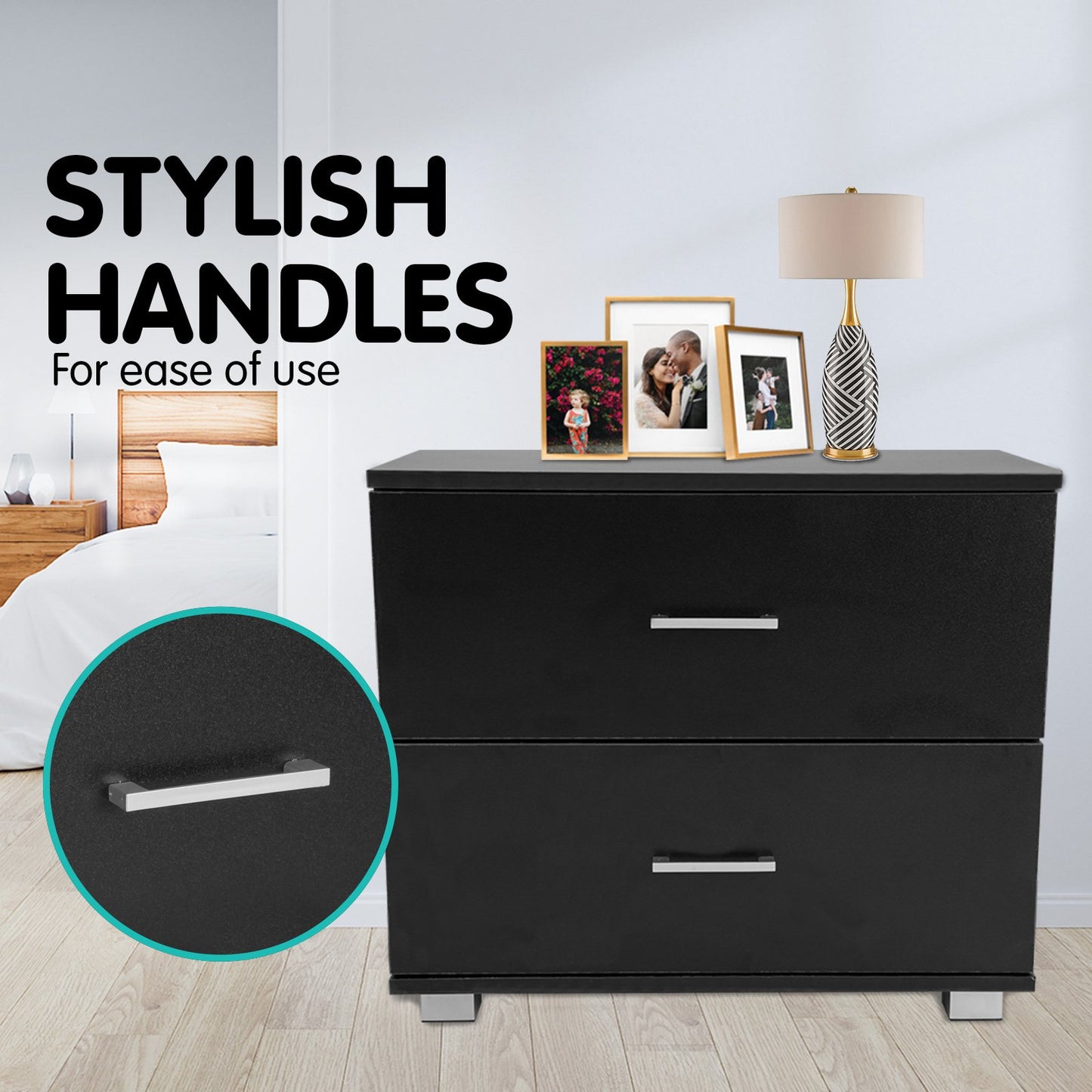 Sarantino Bedside Table Cabinet Storage Chest 2 Drawers - Black