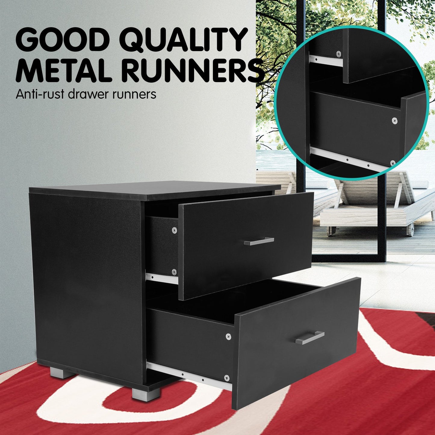 Sarantino Bedside Table Cabinet Storage Chest 2 Drawers - Black