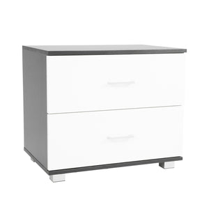 A modern bedside table with two drawers, featuring a matte white finish and square metal handles.