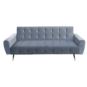 A light grey tufted velvet sofa bed with a contemporary design, featuring a wood frame and metal legs.