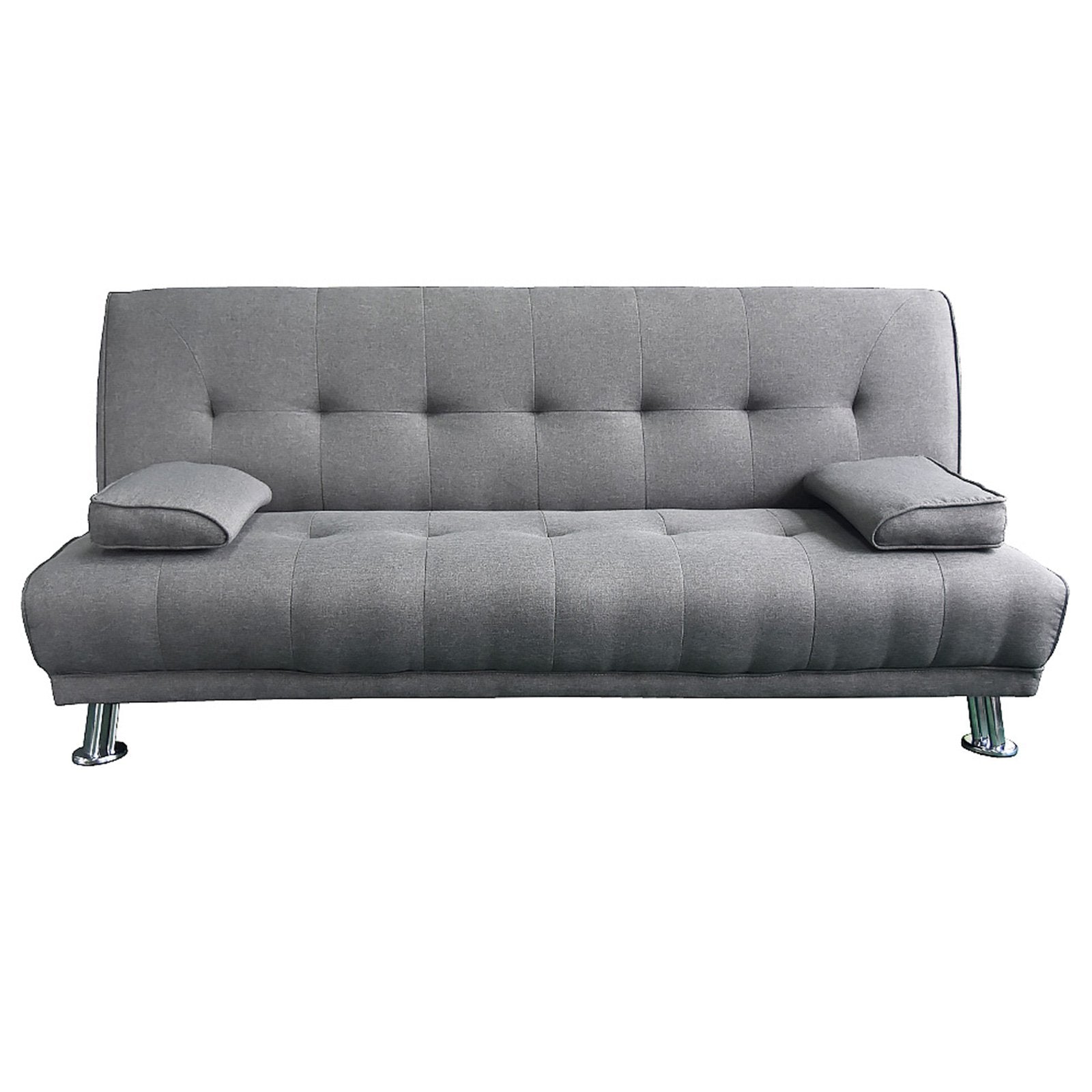 A light grey linen sofa bed with tufted backrest, removable armrest-style pillows, and metal legs.