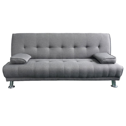 A light grey linen sofa bed with tufted backrest, removable armrest-style pillows, and metal legs.