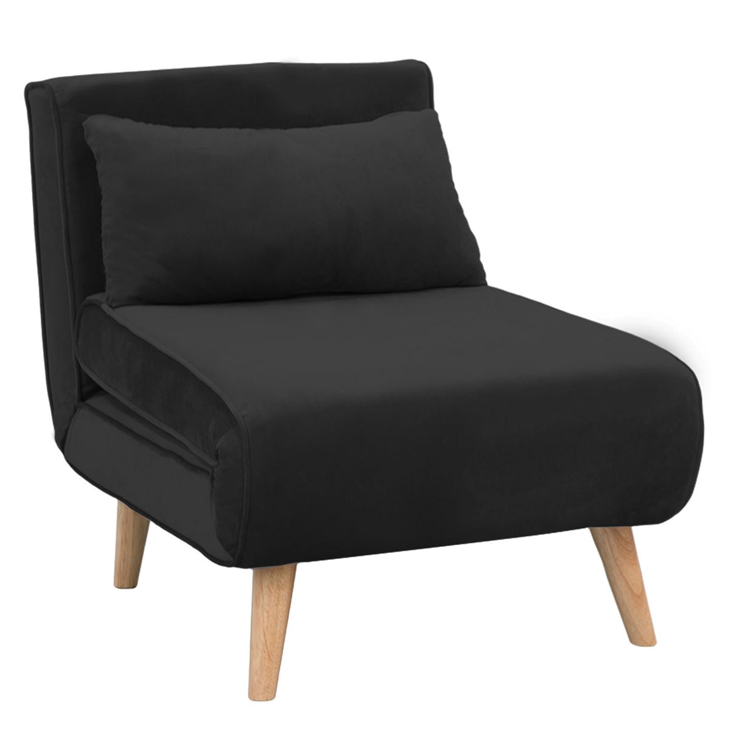 A black faux velvet adjustable corner sofa chair with a solid wood frame and a cushion on a leg, designed to convert into a bed.