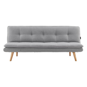 A light grey, three-seater linen sofa bed with wooden legs and buttoned cushions.