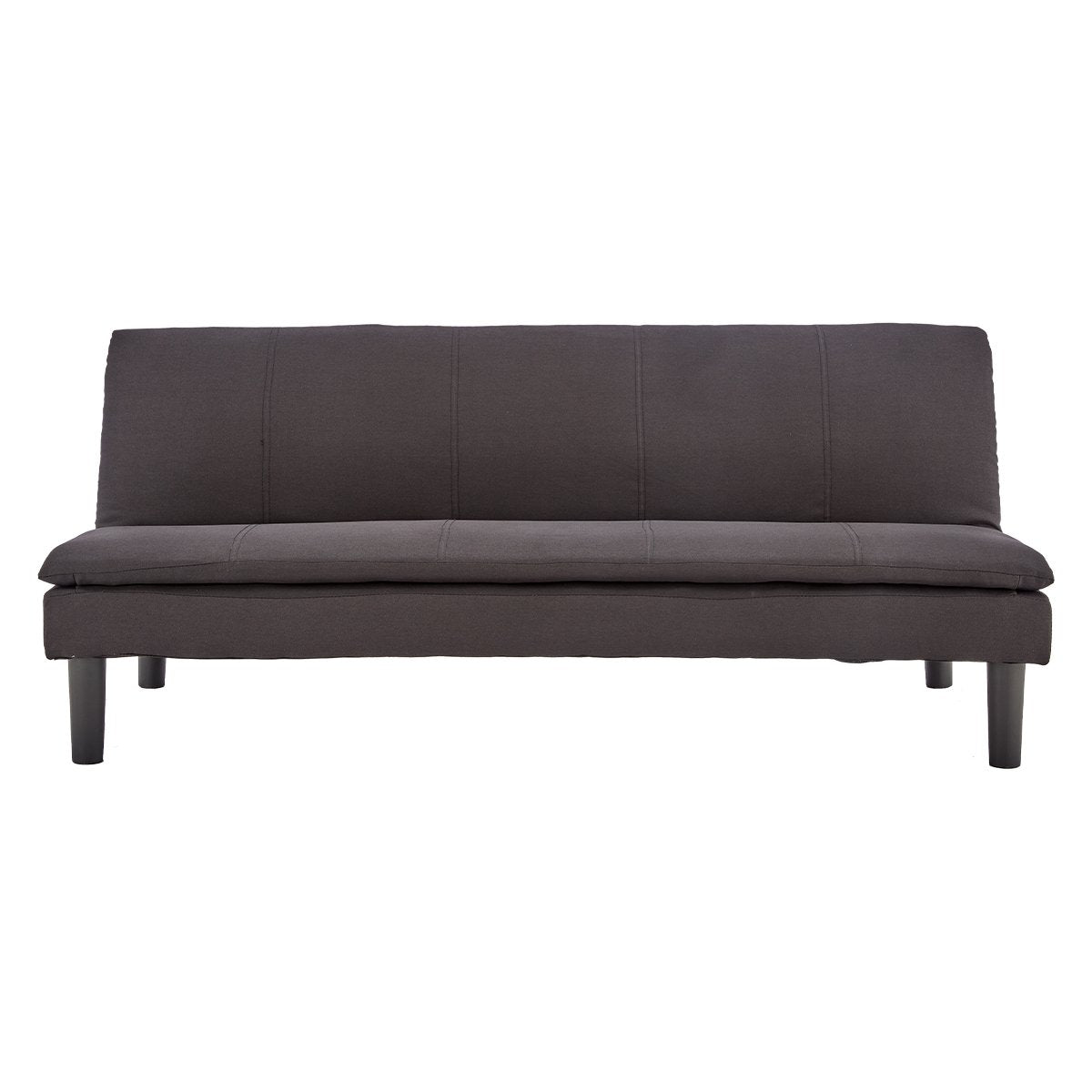 A black faux linen fabric sofa bed with a wooden frame and wooden legs, displayed against a white background.