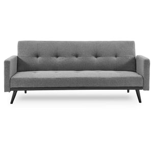 A light grey Sarantino tufted faux linen 3-seater sofa bed with armrests, wooden legs, and a tufted backrest.