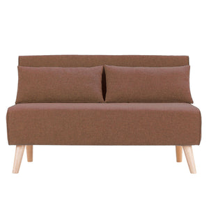 A brown faux linen Sarantino 2-seater adjustable sofa bed with wooden legs, displayed in a clean and well-lit room.