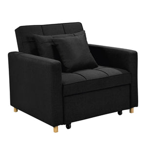 A black Sarantino Suri 3-in-1 Convertible Lounge Chair Bed with a wooden frame and wooden legs, displayed in a configuration similar to a sofa.