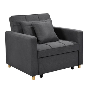 A dark grey Sarantino Suri 3-in-1 Convertible Sofa Chair Bed with a wooden frame and legs, displaying its sofa mode.