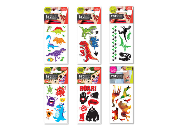 PRICE FOR 6 ASSORTED TEMPORARY TATTOO DINOSAUR & MONSTER