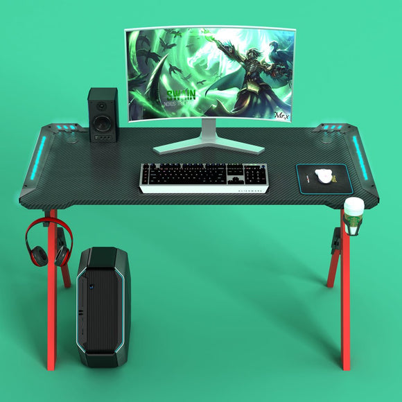 RGB Gaming Desk Home Office Carbon Fiber Led Lights Game Racer Computer PC Table Y-Shaped Black New 140cm