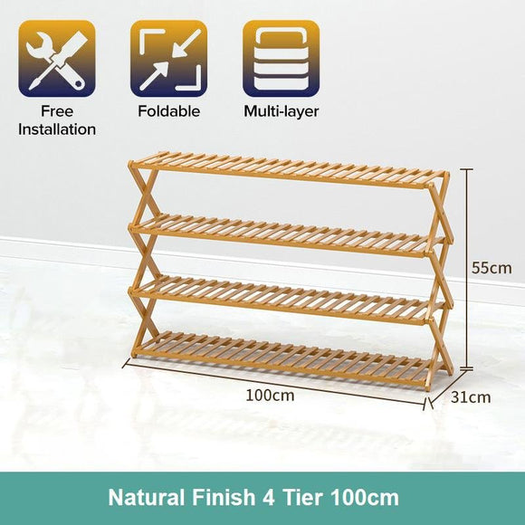 Multi-purpose Bamboo Collapsible Folding Storage Shoe Rack Shelf Organizer 100cm 4 Tier