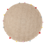 Round Woven Jute Cotton Multicolour Pompom Rug 120 cm