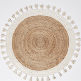 Bohemian Cream & Natural Braided Jute Cotton Round Rug with Tassel 120 x 120 cm