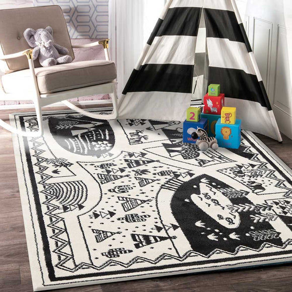 Piccolo Black and White Kids Camping Adventure Kids Rug 133x133cm Round
