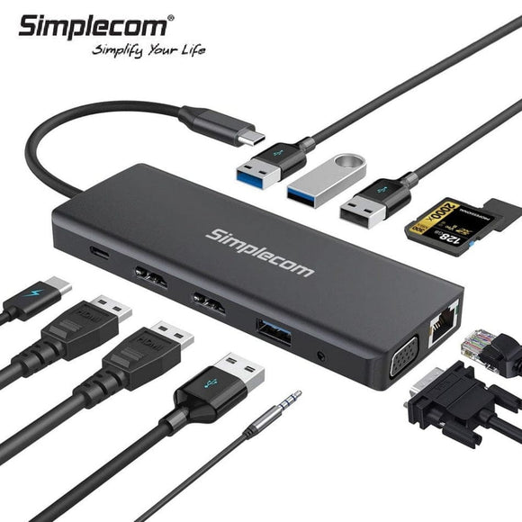 Simplecom CHN612 USB-C 12-in-1 Multiport Docking Station Dual HDMI + VGA Triple Display Gigabit LAN