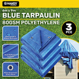 Handy Hardware 3PCE 80GSM BlueTarpaulin UV Resistant Waterproof 6 x 9m